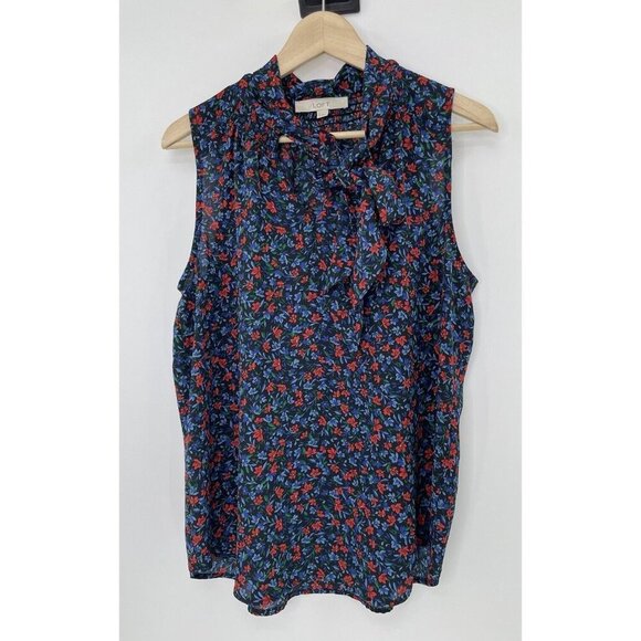 LOFT Women’s Navy Blue Floral Tie Beck Chiffon Sleeveless‎ Blouse Boho Sz M - Picture 1 of 8